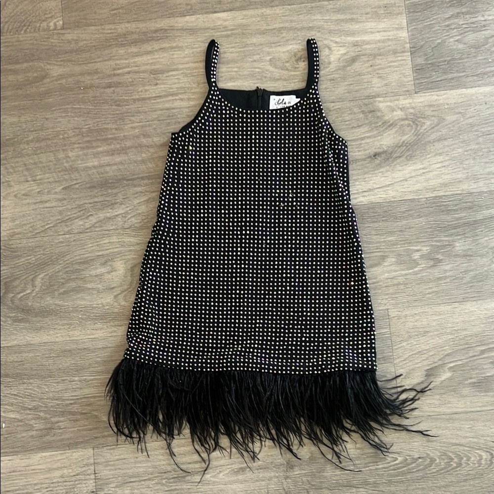 Black Rhinestone Dress with Feather Hem Lola + The Boys